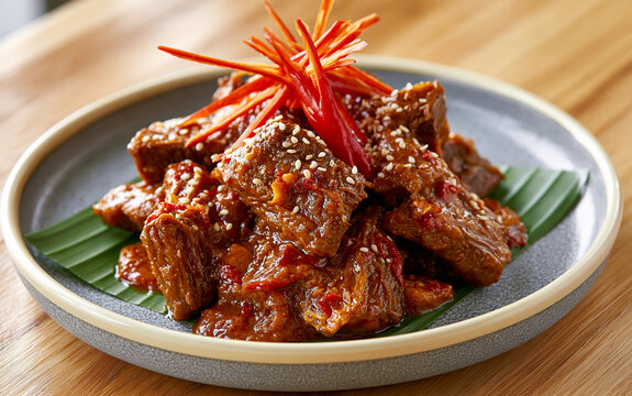 Tender stewed beef tripe served on a bright banana leaf, topped with spicy red peppers and crunchy sesame seeds.