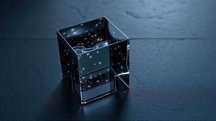 Fototapeta premium Glass cube contains stars. Reflections create illusion of nested shapes. Dark background emphasizes luminosity, contrast. Minimalist composition.