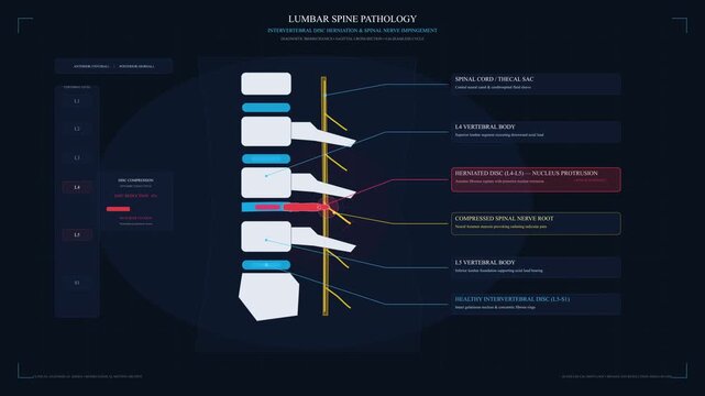 Medical animation of human spine anatomy showing disc herniation and nerve pain