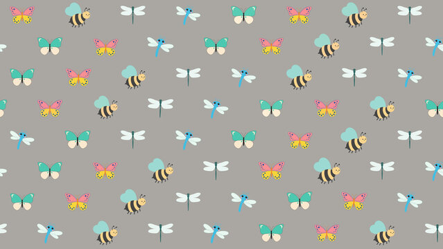 Seamless pattern of cartoon bees, butterflies, and dragonflies