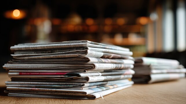 Pile of newspapers on table. Folded and stacked journals.
