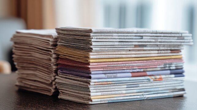 Pile of newspapers on table. Folded and stacked journals.