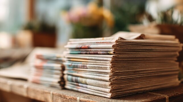 Pile of newspapers on table. Folded and stacked journals.