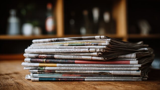 Pile of newspapers on table. Folded and stacked journals.