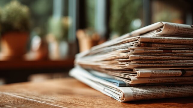 Pile of newspapers on table. Folded and stacked journals.