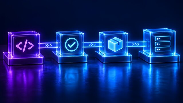 Software development pipeline concept with glowing digital cubes showing code validation packaging and server deployment