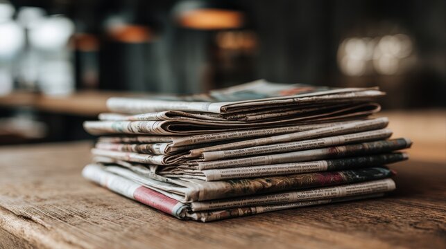 Pile of newspapers on table. Folded and stacked journals.