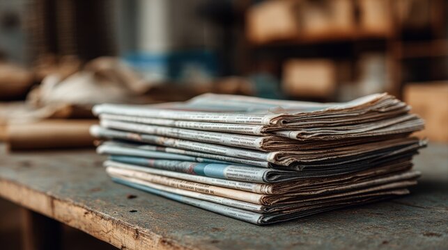 Pile of newspapers on table. Folded and stacked journals.