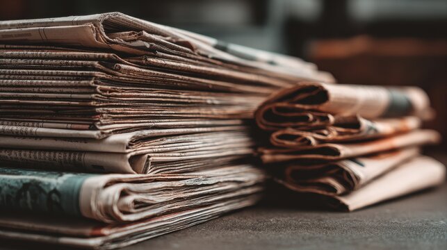 Pile of newspapers on table. Folded and stacked journals.