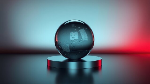 Glass sphere rests upon pedestal. Dramatic lighting creates vibrant blue, red gradients. Reflections visible within orbs surface. Minimalist composition.