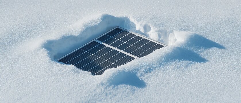 Solar panel partially buried in snow.