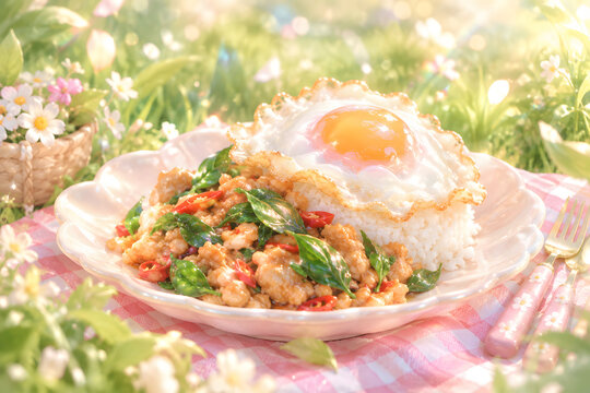 Pad krapow chicken stir fried with holy basil and fried egg over rice in sunny outdoor garden setting