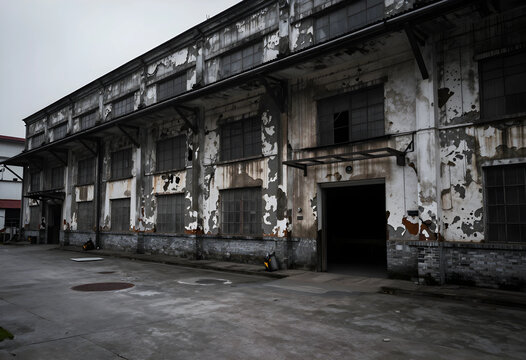 Urban decay and industrial decline, abandoned factory building with weathered walls and broken windows in a desolate manufacturing district at dusk