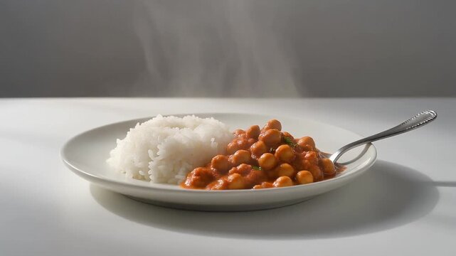 Minimalist Chana Masala with Rice on a Flat White Plate