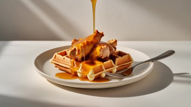 Minimalist Chicken and Waffles on a Flat White Plate