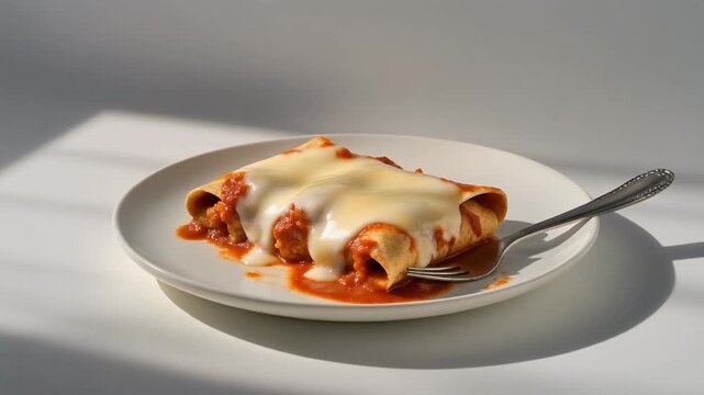 Minimalist Chicken Enchiladas with Red Sauce on a Flat White Plate