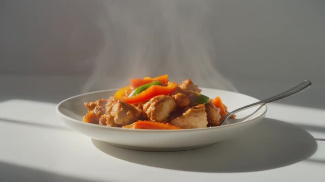 Minimalist Chicken Fajita Bowl with Peppers on a Flat White Plate