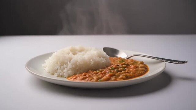 Minimalist Dal Tadka with Steamed Rice on a Flat White Plate