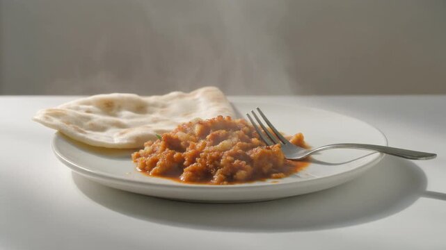 Minimalist Ethiopian Doro Wat with Injera on a Flat White Plate