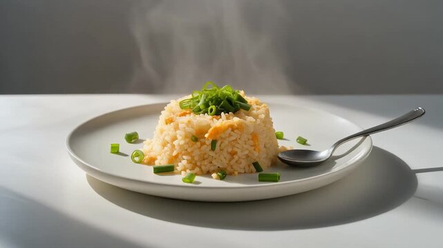 Minimalist Egg Fried Rice with Spring Onions on a Flat White Plate