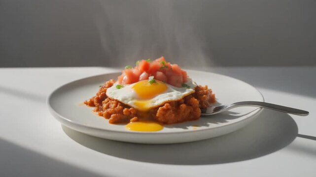 Minimalist Huevos Rancheros with Salsa on a Flat White Plate