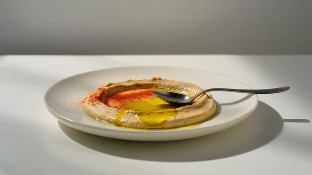 Minimalist Hummus with Olive Oil and Paprika on a Flat White Plate