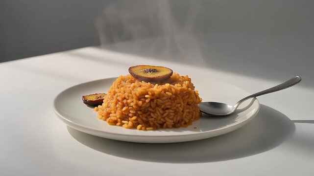 Minimalist Jollof Rice with Fried Plantain on a Flat White Plate