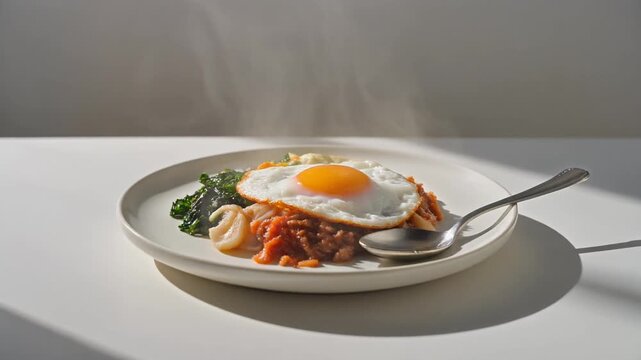 Minimalist Korean Bibimbap with Fried Egg on a Flat White Plate