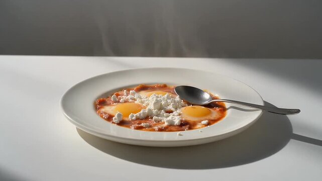 Minimalist Shakshuka with Crumbled Feta on a Flat White Plate