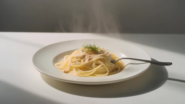 Minimalist Spaghetti Carbonara on a Flat White Plate