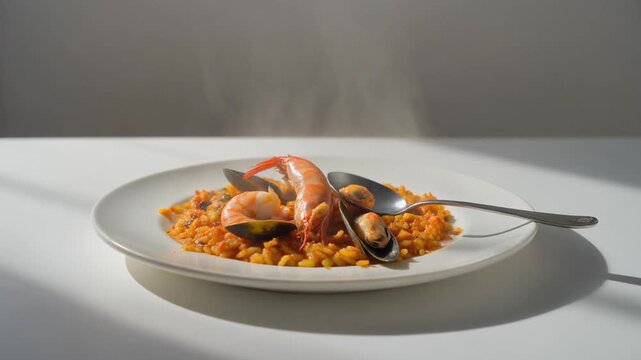 Minimalist Spanish Seafood Paella on a Flat White Plate