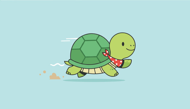 Adorable cartoon turtle with a red bandana sprints quickly, kicking up dust, symbolizing speed and determination.