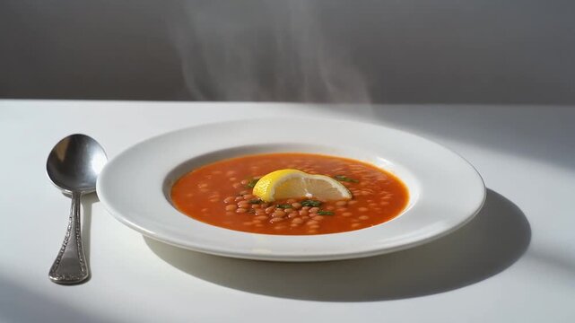 Minimalist Turkish Red Lentil Soup with Lemon on a Flat White Plate