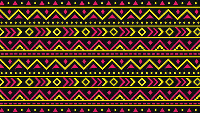 Tribal geometric pattern vector background. Featuring ethnic zigzag, chevron and diamond border bands in hot pink and yellow on black, bold Aztec-inspired design for sports jersey, team uniform 