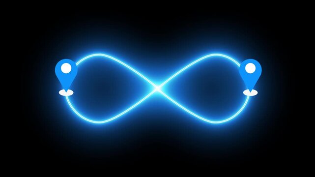 4K Neon Infinity Route with Map Pin on a black background. Glowing Infinity GPS navigation route for delivery services, Online shops, UI, Buying process, and Business Marketing.