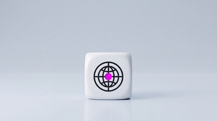 Fototapeta premium Minimalist white cube featuring a global icon with a magenta center point on a clean grey background, symbolizing global connectivity, location targeting, and digital communication.