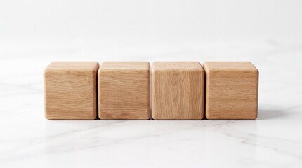Fototapeta premium Row of Four Blank Wooden Cubes with Natural Grain Texture Arranged in a Horizontal Line on a Clean White Marble Surface, Minimalist Mockup Template for Business, Education, or Play Concepts