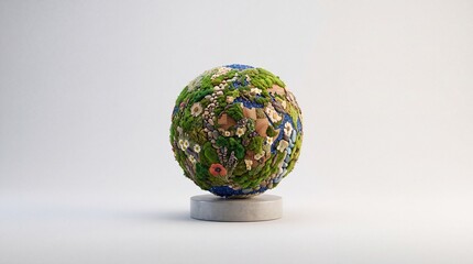 Fototapeta premium Ecological globe artwork featuring green moss, wild flowers, and pebbles on a minimalist stand, representing environmental conservation and global biodiversity on a clean white background