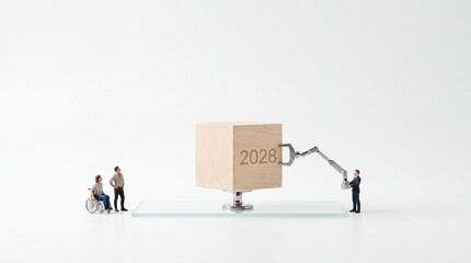 Fototapeta premium Miniature people and a businessman with a robotic arm preparing for the year 2028, symbolized by a wooden cube on a white background, representing future technology and inclusive accessibility