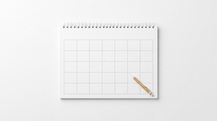 Fototapeta premium Minimalist blank monthly calendar planner notebook with a stylish wooden pen on a white background, top view flat lay for scheduling, organization, and productivity management concepts