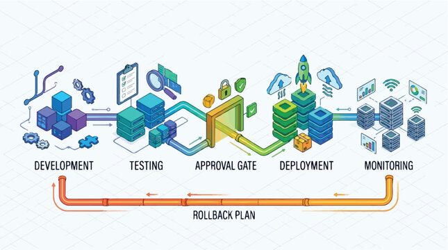 Software development lifecycle stages infographic with rollback plan