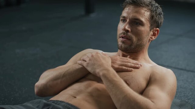 Shirtless muscular man doing abdominal crunches on gym mat with intense focus during core workout