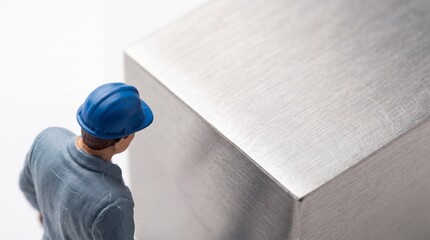 Fototapeta premium Miniature worker figure in a blue hard hat and grey uniform inspecting a large brushed stainless steel metal cube, macro concept for industrial quality control, manufacturing, and engineering.