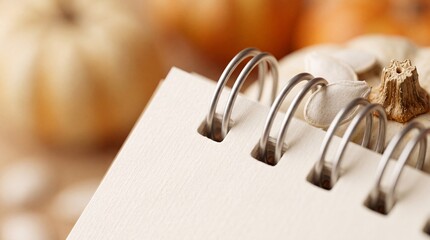 Fototapeta premium Close Up Macro Shot of a Blank Spiral Notebook with Textured Paper and Blurred Autumn Pumpkins with Seeds in the Background, Perfect for Seasonal Planning or Creative Harvest Recipe Journaling