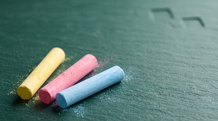 Fototapeta premium Macro close-up of three vibrant yellow, pink, and blue colored chalk sticks resting on a textured dark green slate surface with scattered chalk dust, ideal for educational and creative themes.