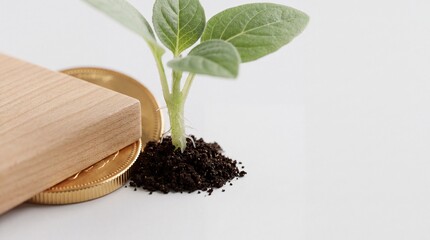 Fototapeta premium Close up of a small green seedling growing from dark soil next to gold coins and a wooden block on a white background, symbolizing financial growth, business investment, and wealth accumulation.