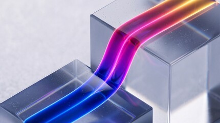 Fototapeta premium Abstract Futuristic Macro Shot of Vibrant Neon Light Flowing Through Transparent Glass Cubes with Soft Refraction and Depth of Field, High Tech Digital Energy Concept Background