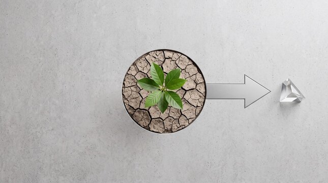 Minimalist conceptual image of a green plant sprout growing in parched cracked earth inside a circular frame with an arrow pointing toward a glass pyramid, representing sustainable growth and vision