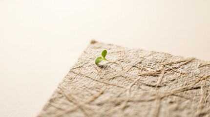 Fototapeta premium Close-up macro shot of a small green seedling sprout growing from a textured eco-friendly fibrous material, representing sustainable growth, environmental conservation, and new beginnings.