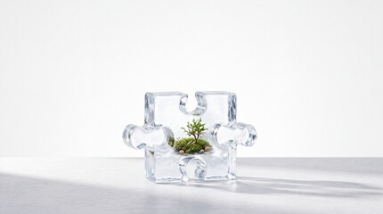 Fototapeta premium Miniature Green Tree Growing Inside a Transparent Glass Jigsaw Puzzle Piece, Representing Environmental Sustainability, Ecological Solutions, and the Missing Piece for a Greener Future Concept.